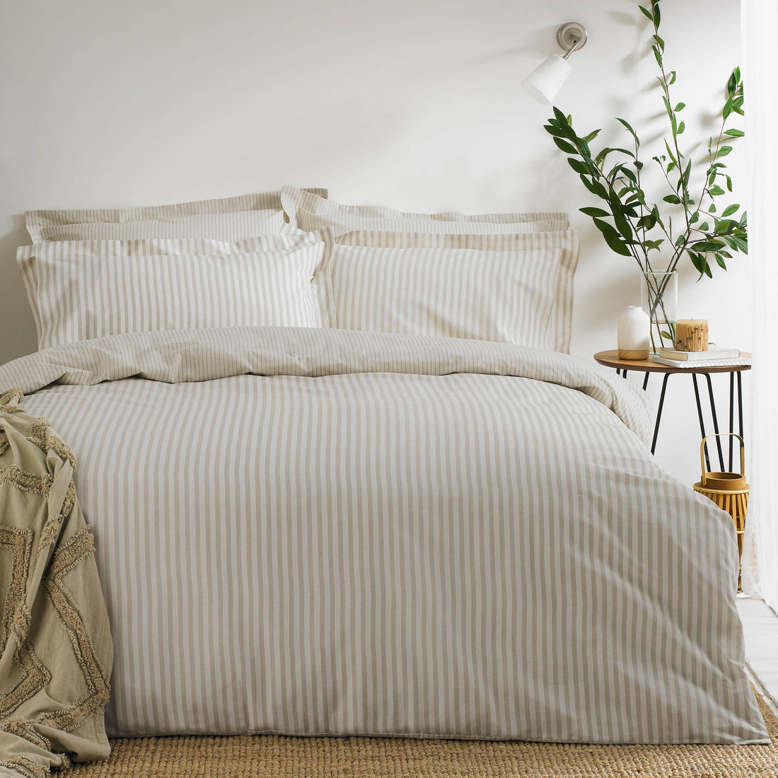 Natural striped cotton bedding with soft woven texture