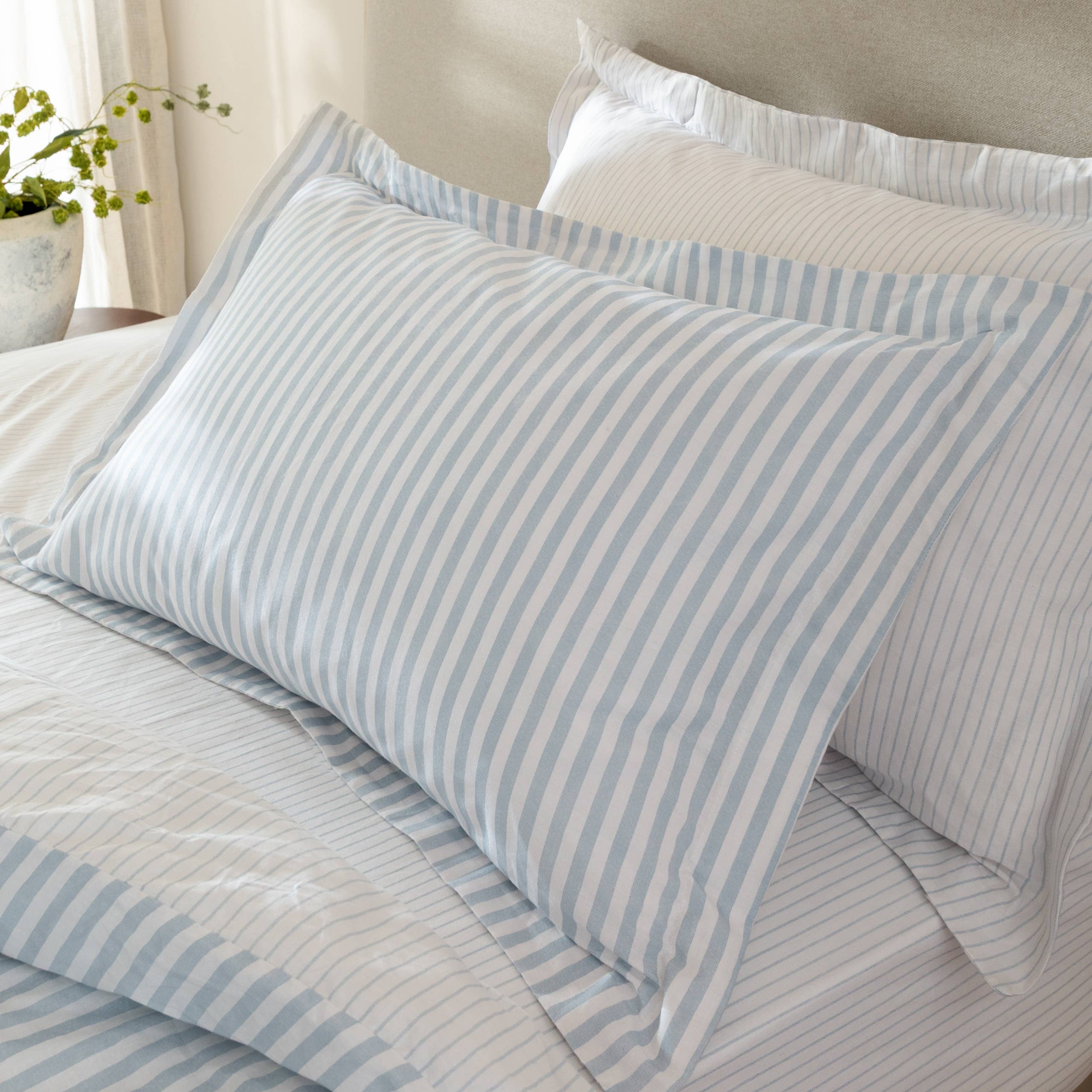 Hebden Stripe Cotton Pillowcase Pair - Mineral Blue